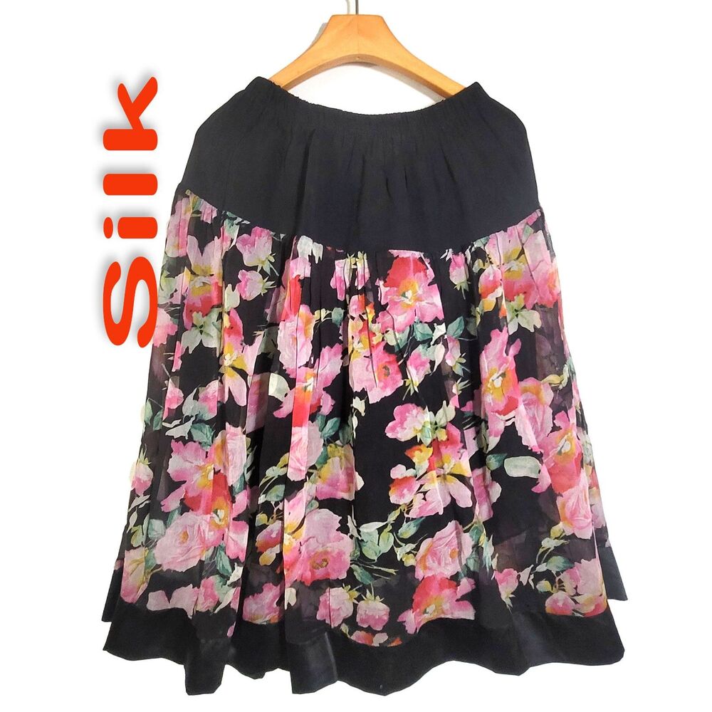 Women's 100% Silk Size L A-Line Skirt Elastic Waist SBK103